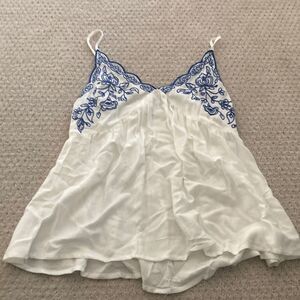 White and Blue Embroidered Tank Top